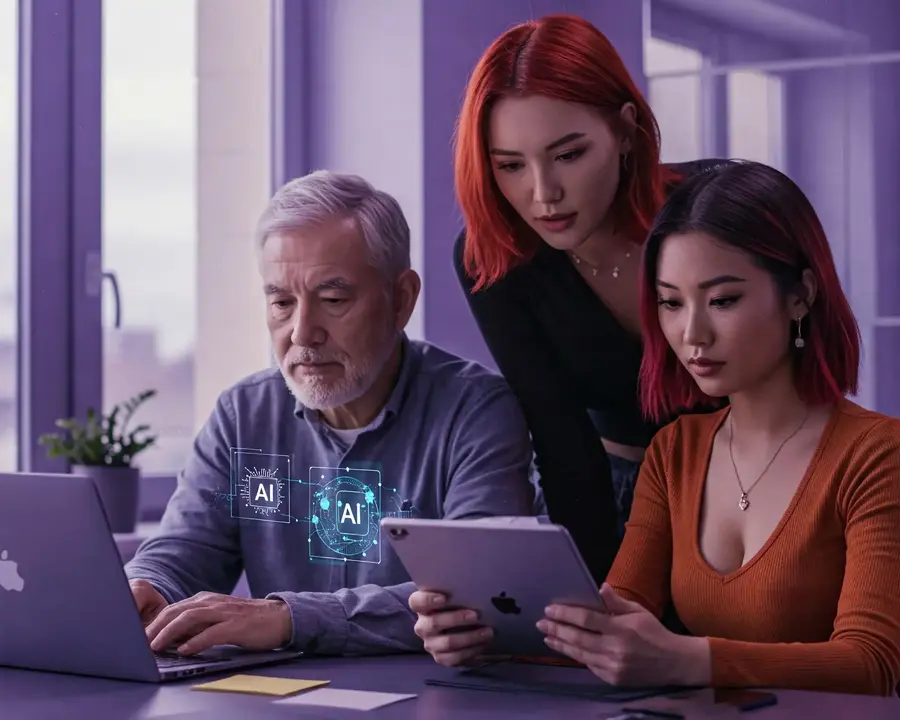Business owner showing AI tools to employees