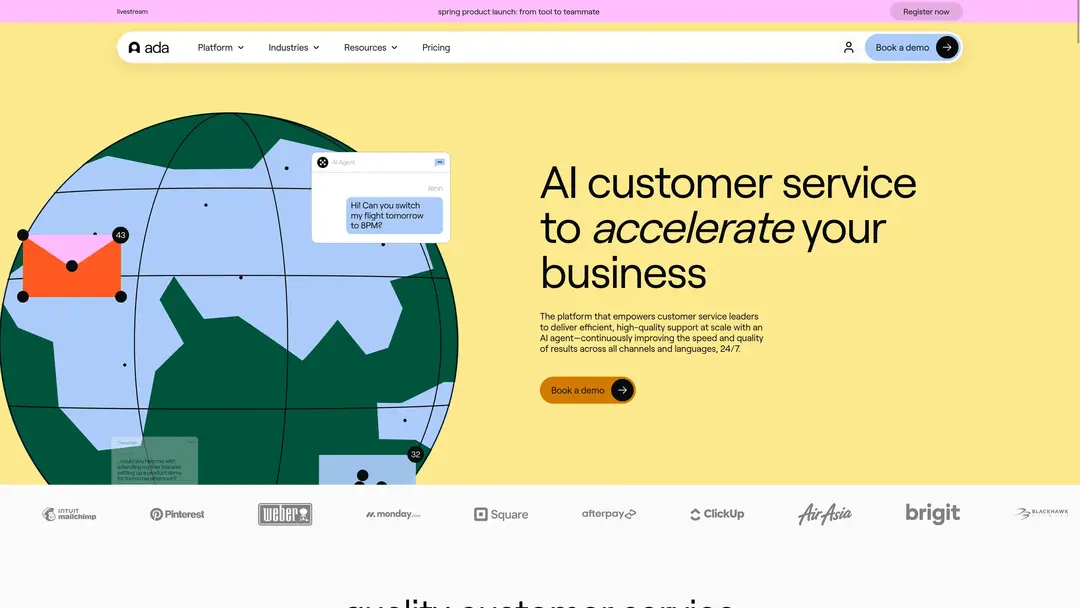 Screenshot of Ada chatbot platform showing personalized customer interaction features