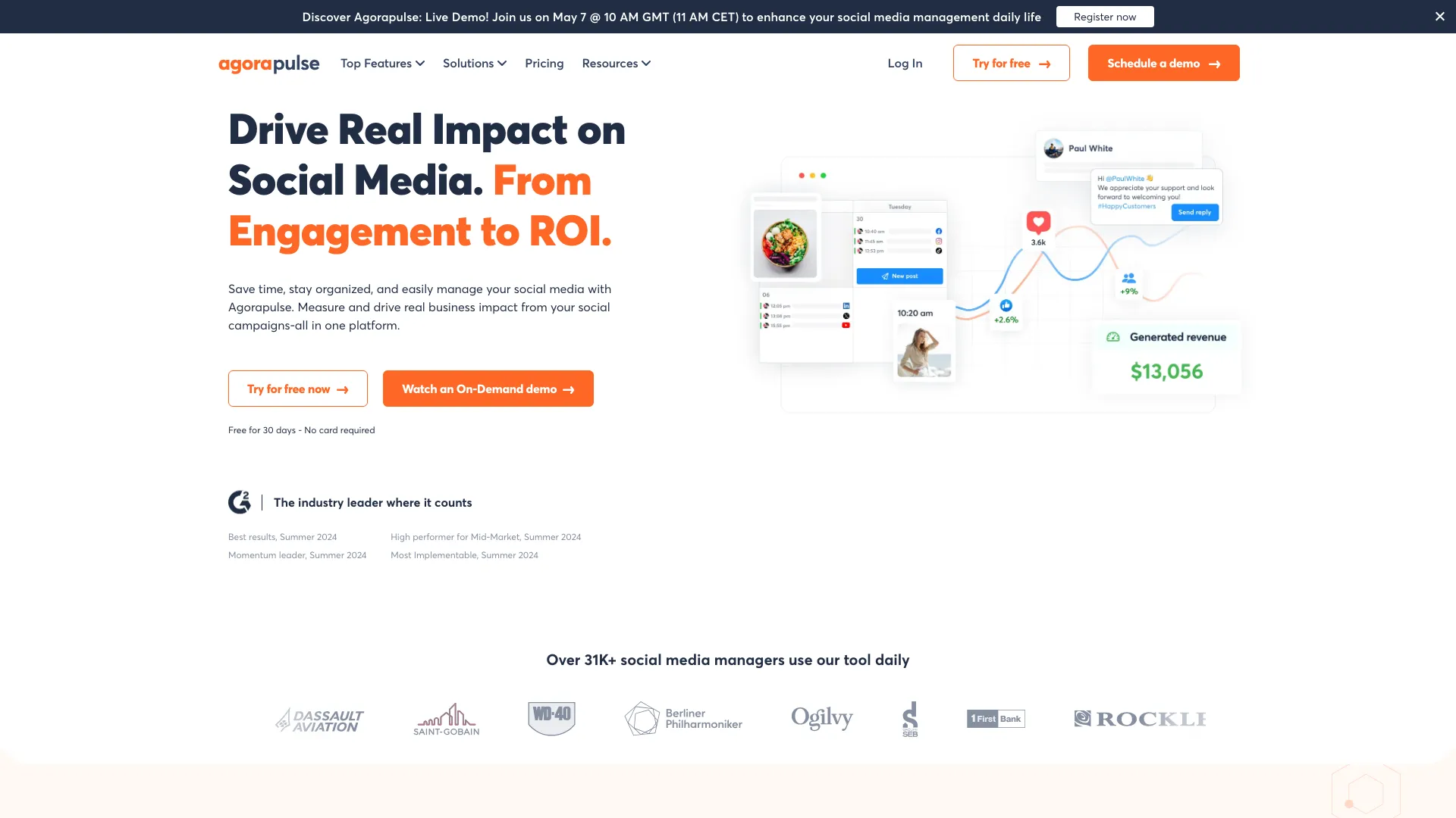 Screenshot of Agorapulse's social media management platform featuring the unified inbox, content calendar, and engagement analytics dashboard
