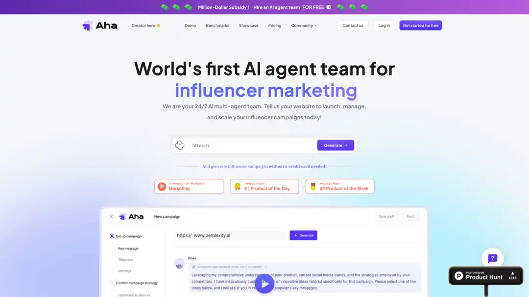 Screenshot of Aha platform displaying influencer discovery and campaign management features