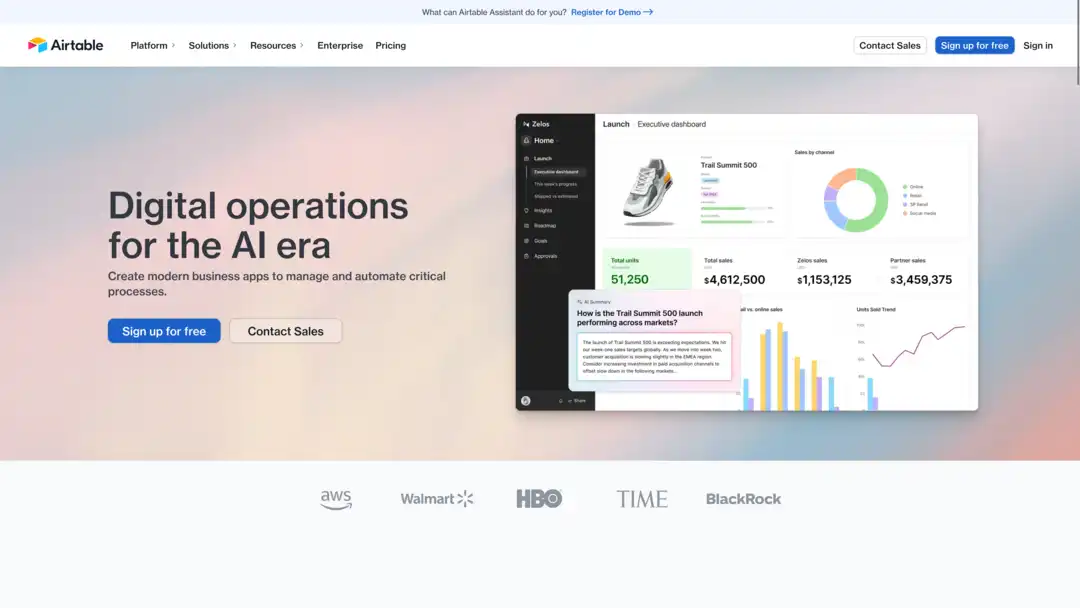 Screenshot of Airtable platform showing database and spreadsheet interface with AI features