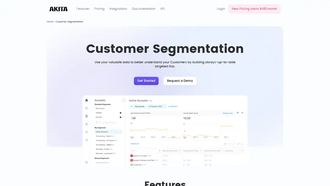 Screenshot of Akita platform displaying predictive analytics and customer health scores for segmentation