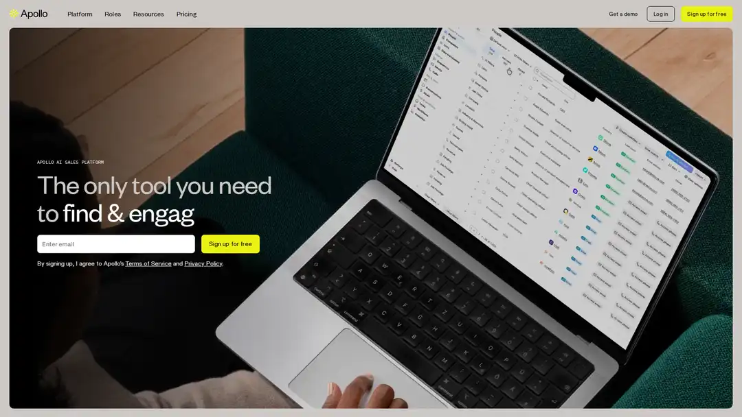 Screenshot of Apollo.io platform showing sales intelligence and lead prediction features