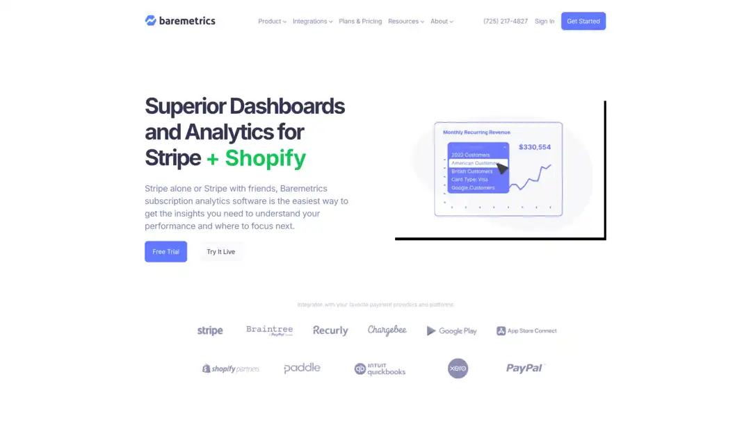 Screenshot of Baremetrics platform showing SaaS metrics and custom segmentation features