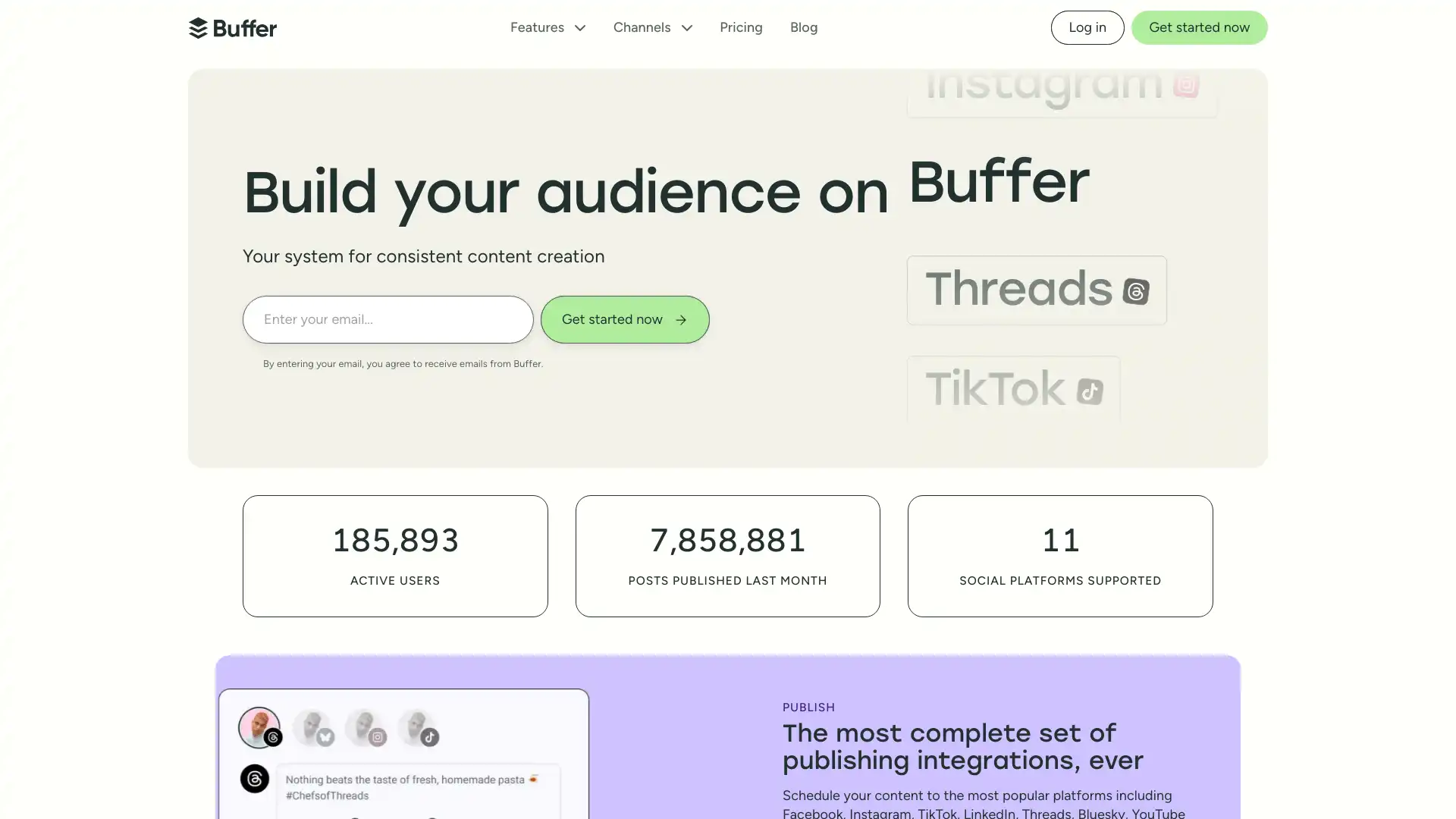 Screenshot of Buffer's social media scheduling platform displaying the post composer, content calendar, and analytics dashboard