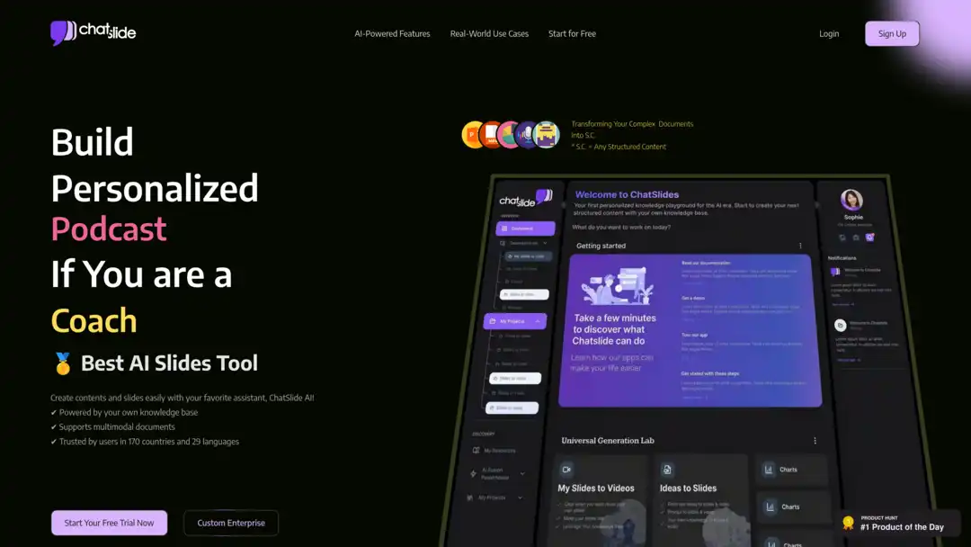 Screenshot of ChatSlide platform showing AI-generated outlines and avatar integration