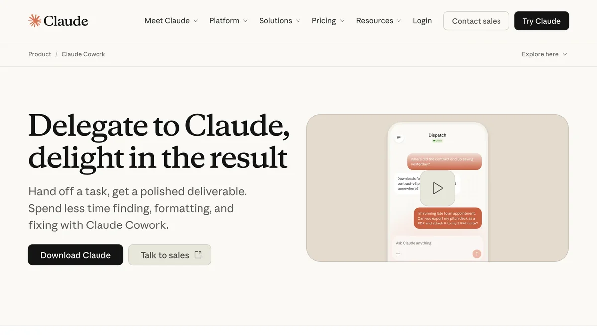 Screenshot of Claude Cowork showing desktop agent interface for knowledge work