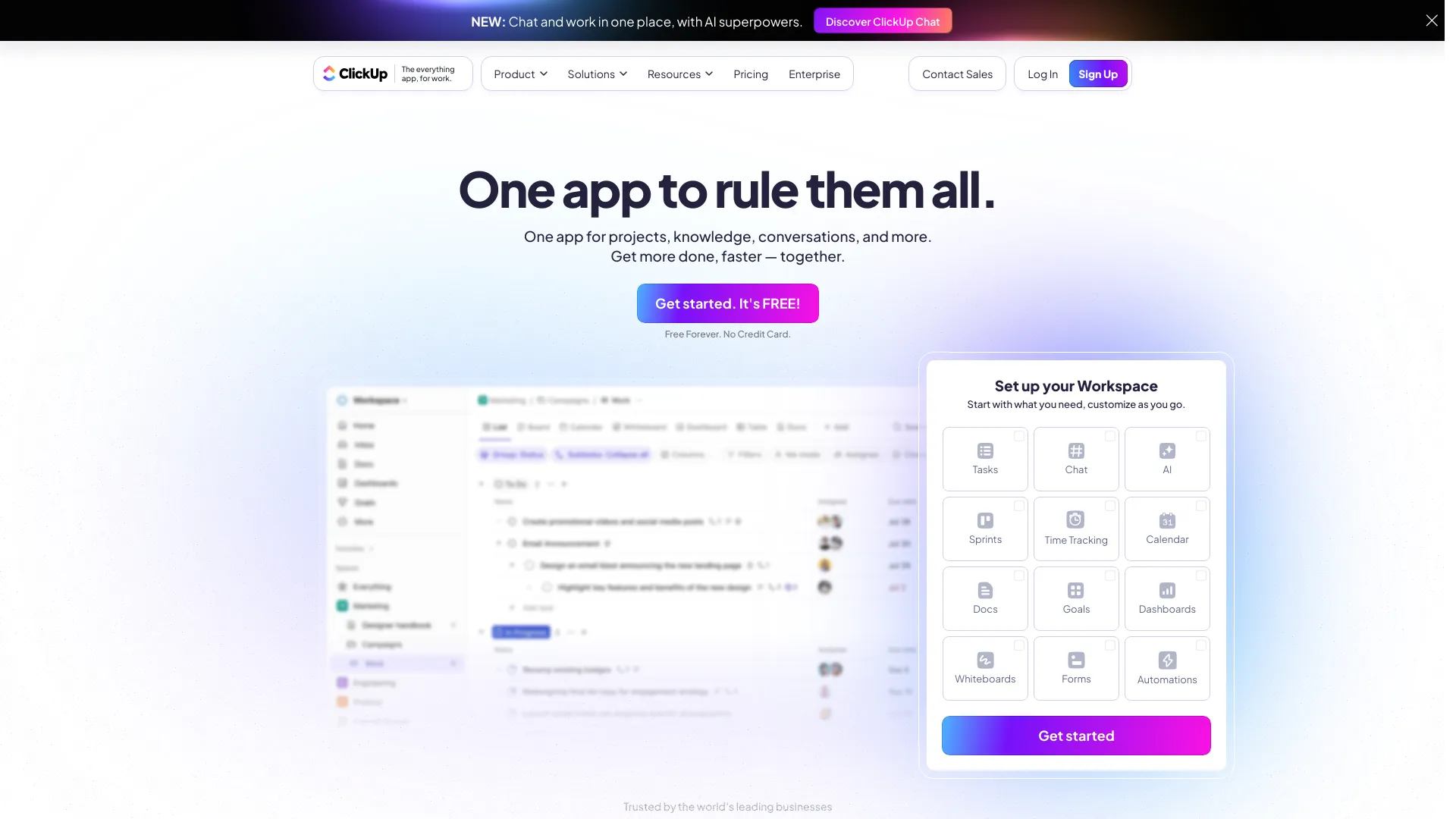 Screenshot of ClickUp platform displaying task management and AI features