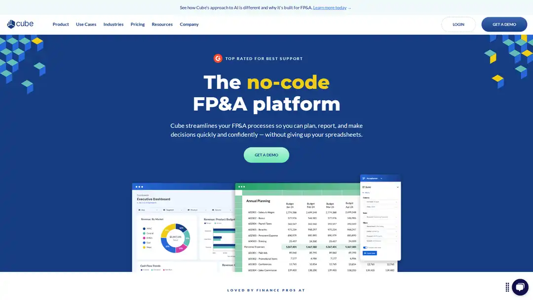 Screenshot of Cube platform showing AI-powered forecasting and spreadsheet integration