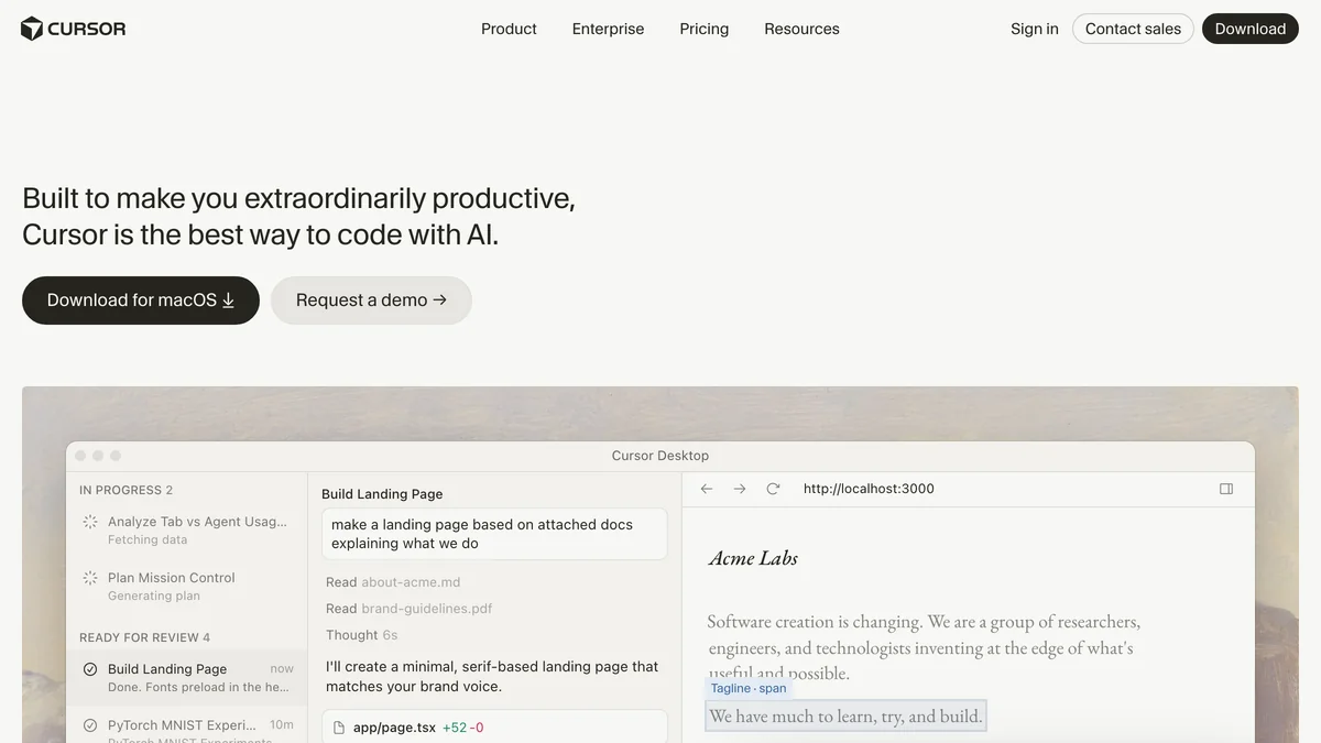 Screenshot of Cursor platform showing AI-native code editor interface