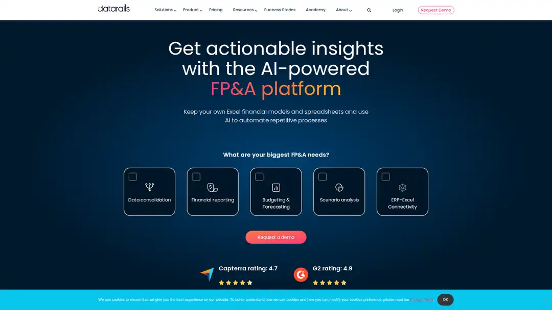 Screenshot of Datarails platform displaying conversational AI interface and advanced reporting