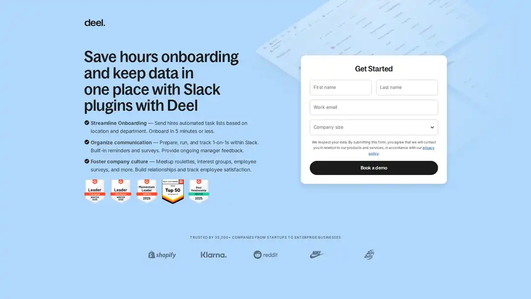Screenshot of Deel platform showing global onboarding features