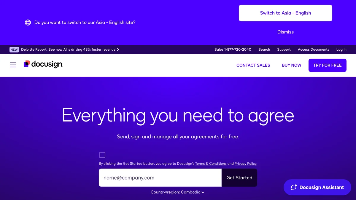 Screenshot of DocuSign with AI add-ons homepage
