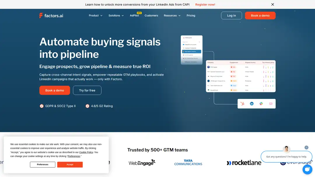 Screenshot of Factors.ai platform displaying B2B account intelligence and buyer journey analytics