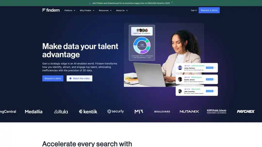 Screenshot of Findem talent sourcing platform with AI capabilities