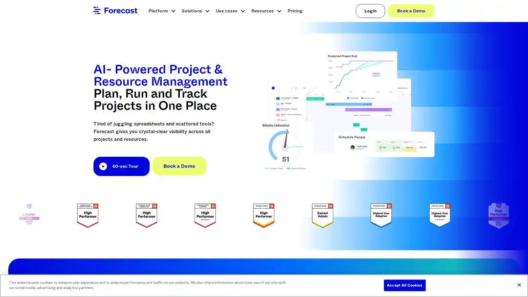 Screenshot of Forecast platform displaying AI-powered project health tracking and cost updates