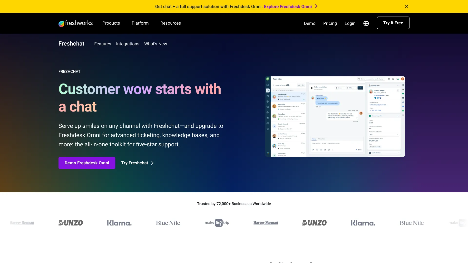 Screenshot of Freshchat dashboard with omnichannel customer support features
