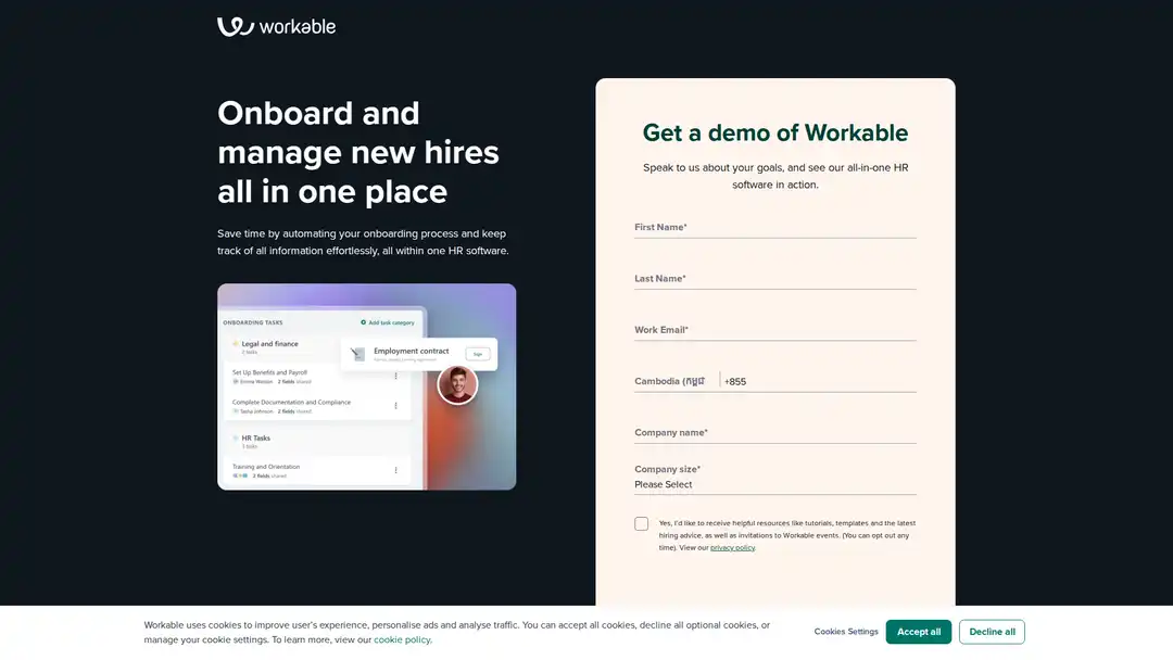 Screenshot of Workable HR platform displaying custom workflows and onboarding portal