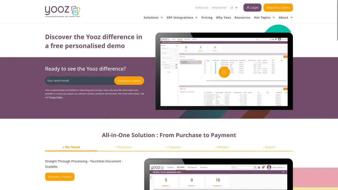 Screenshot of Yooz's AI invoice processing platform displaying the automated billing workflow interface