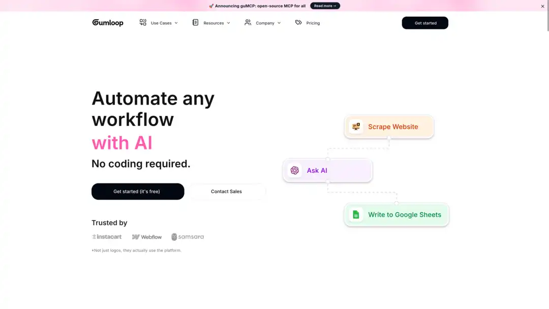 Screenshot of Gumloop platform showing drag-and-drop AI automation interface