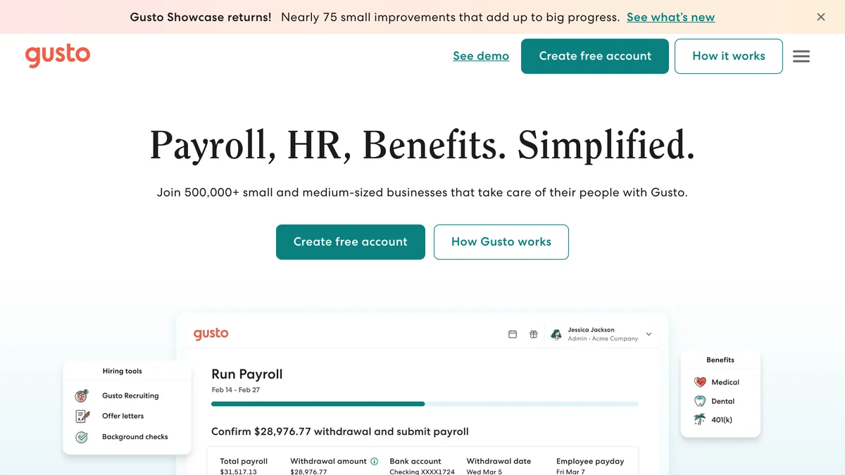 Screenshot of Gusto homepage