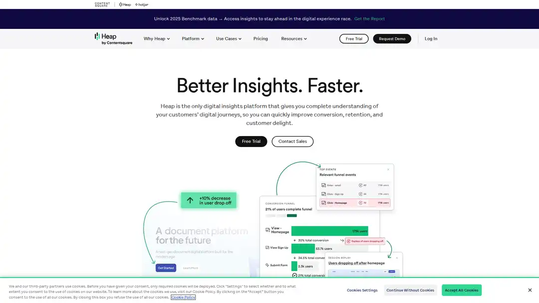 Screenshot of Heap platform showing AI-powered user action tracking and segmentation