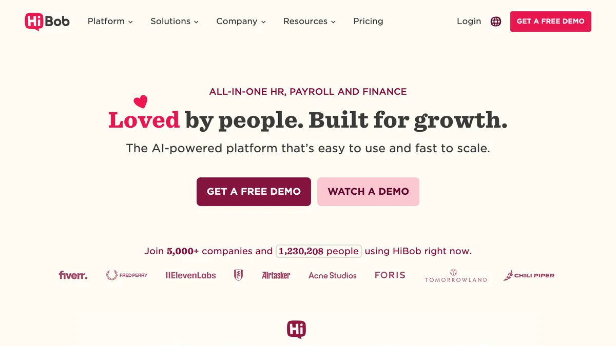 Screenshot of HiBob homepage