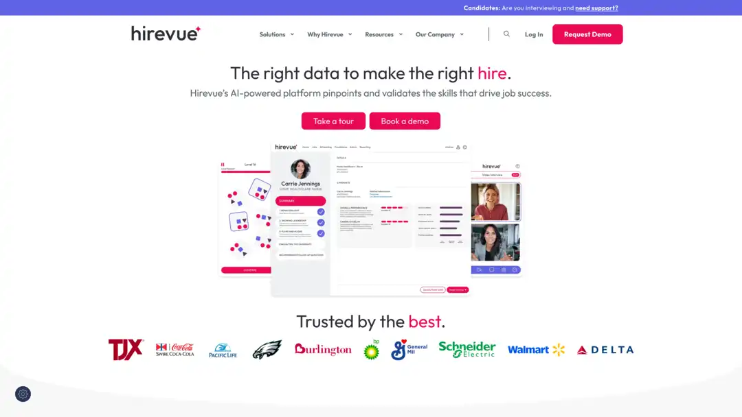 Screenshot of HireVue platform showing video interviewing and assessment interface