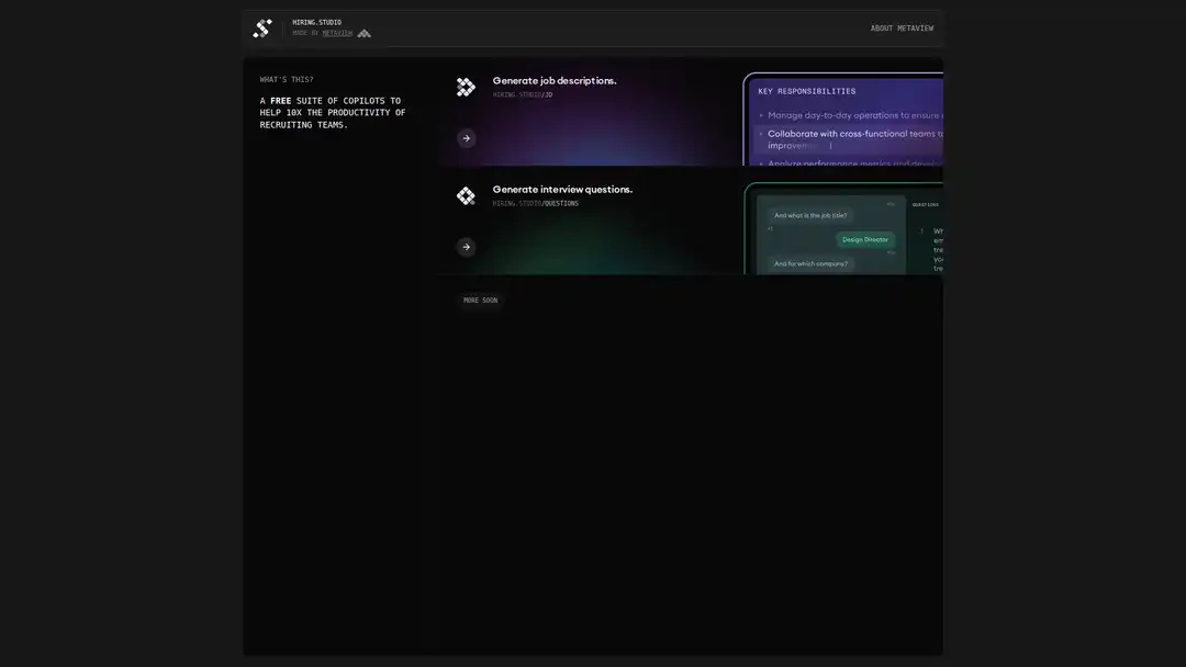 Screenshot of Hiring Studio platform displaying tailored interview questions and answer rubrics