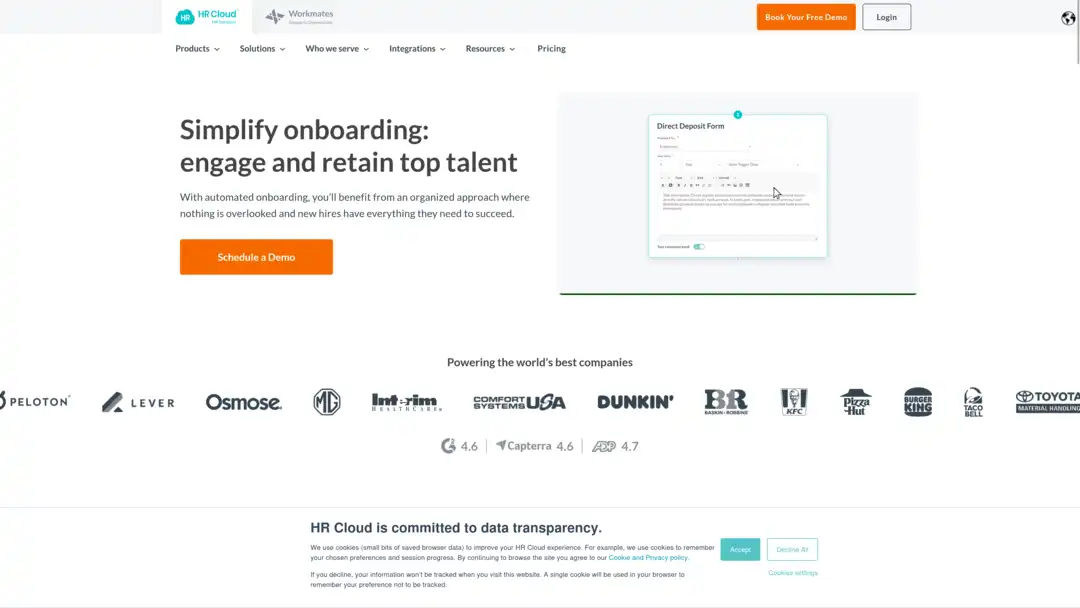 Screenshot of Onboard by HR Cloud platform showing self-service onboarding and analytics