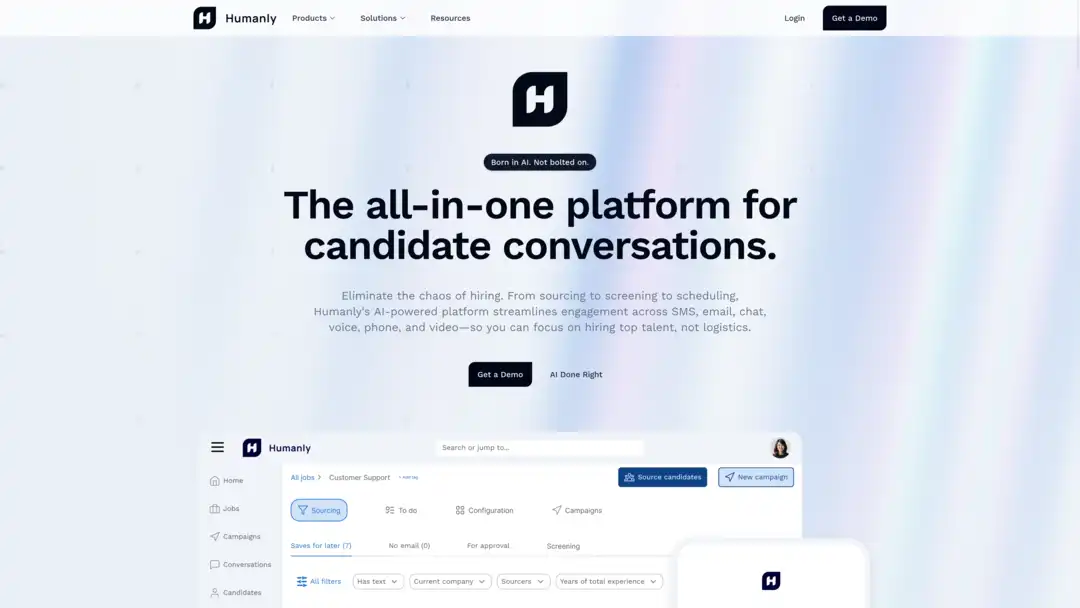 Screenshot of Humanly platform showing automated high-volume hiring interface