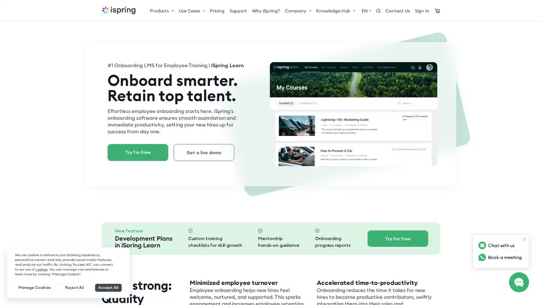 Screenshot of iSpring Learn platform displaying custom training portal and multilingual support