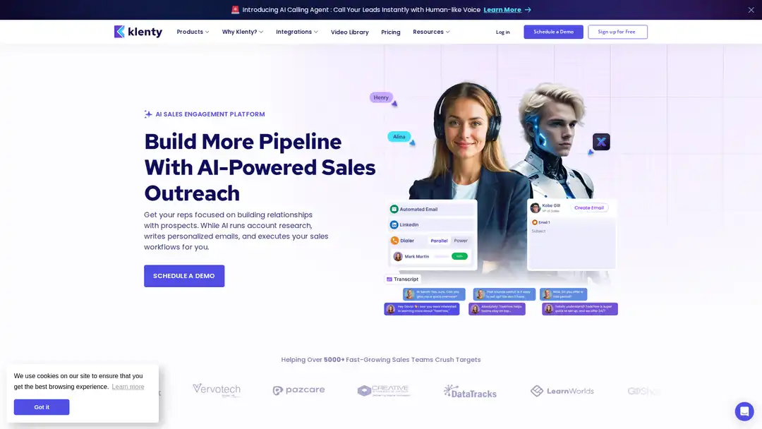 Screenshot of Klenty platform displaying AI-powered sales engagement and content creation features