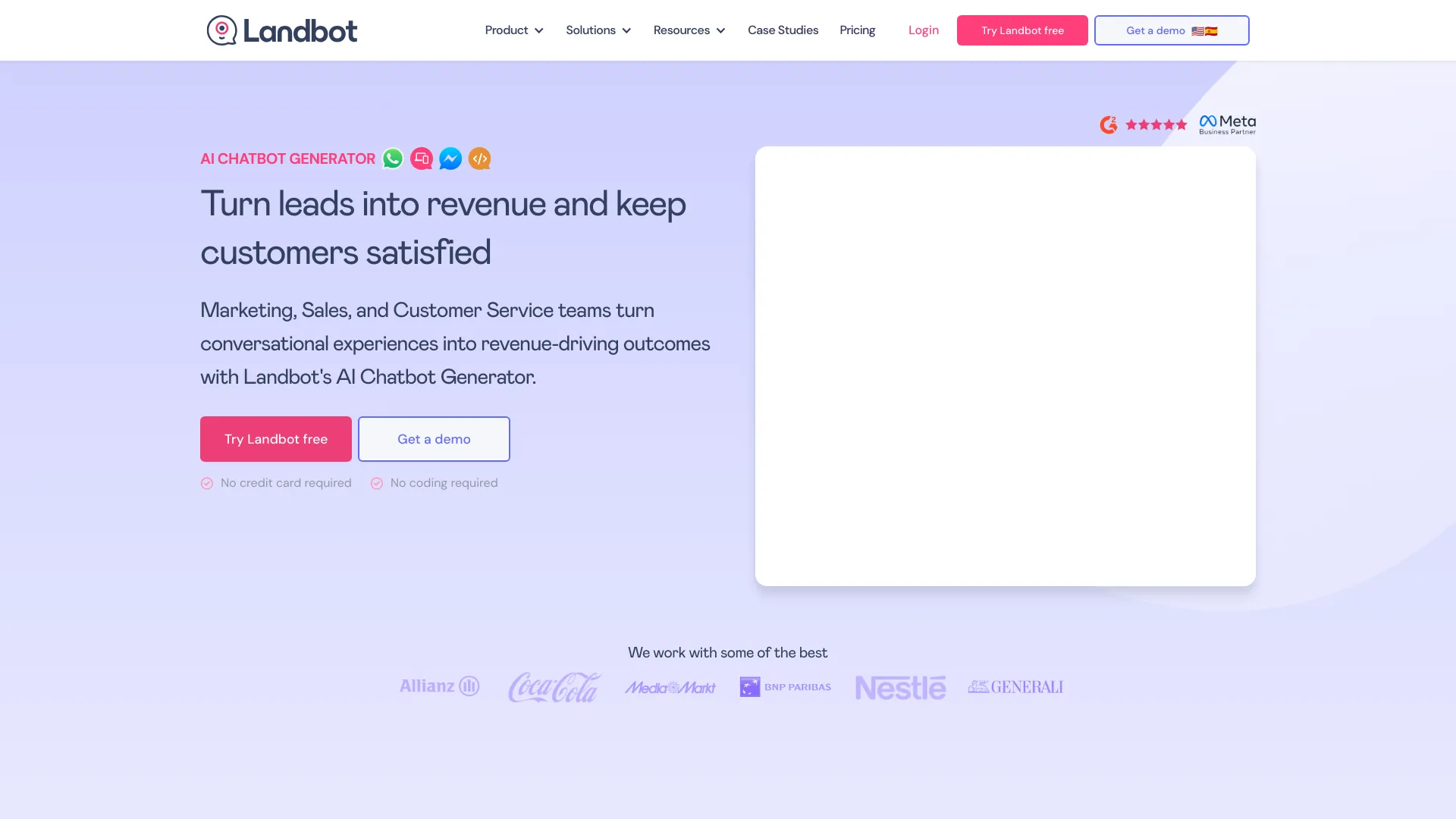 Screenshot of Landbot platform showing interactive chatbot builder interface