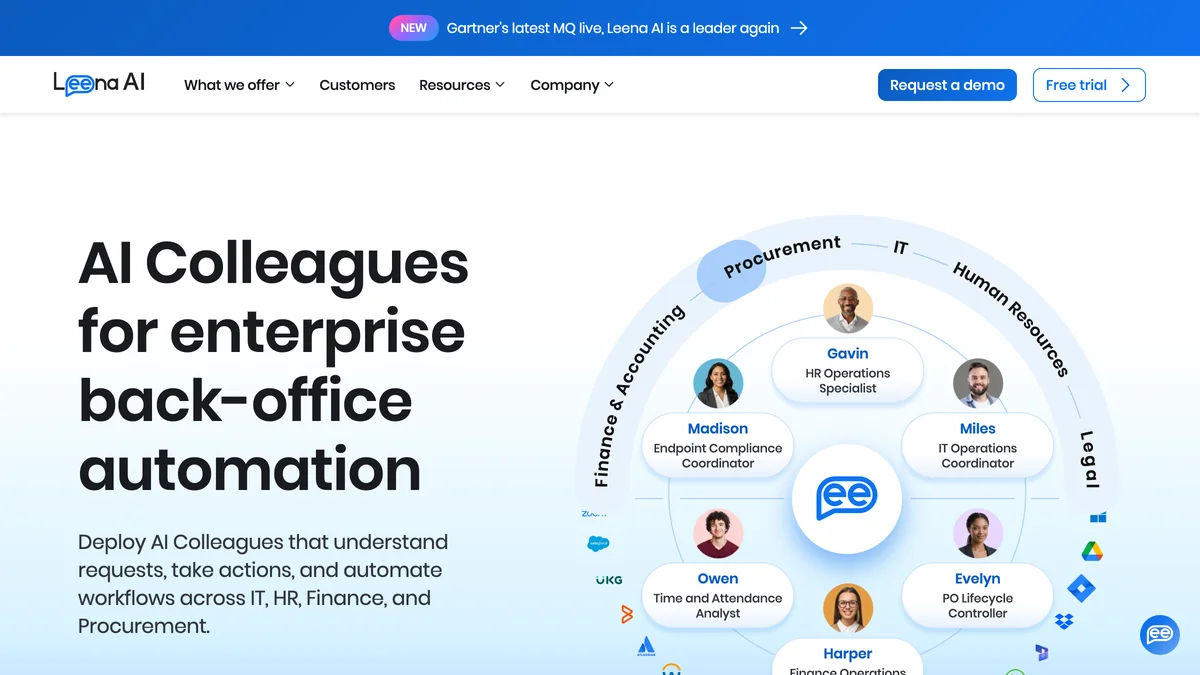 Screenshot of Leena AI homepage
