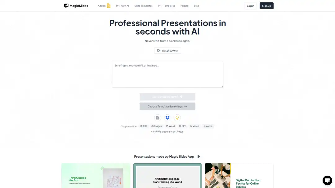 Screenshot of MagicSlides add-on in Google Slides showing text-to-presentation conversion