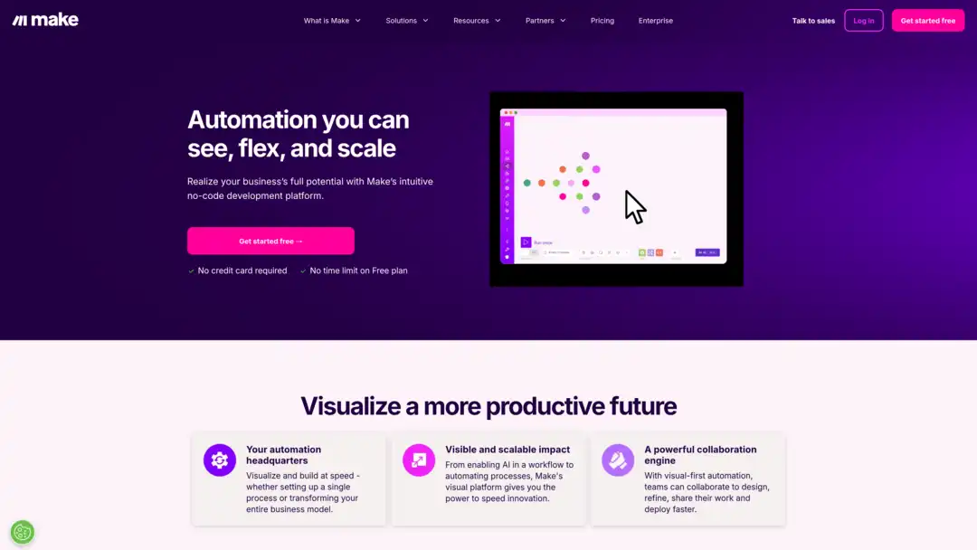 Screenshot of Make platform displaying visual workflow builder with AI capabilities