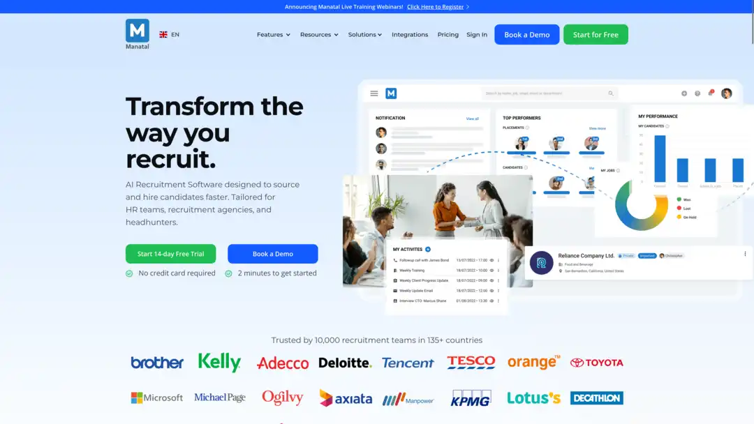 Screenshot of Manatal recruitment platform dashboard showing candidate sourcing and management features