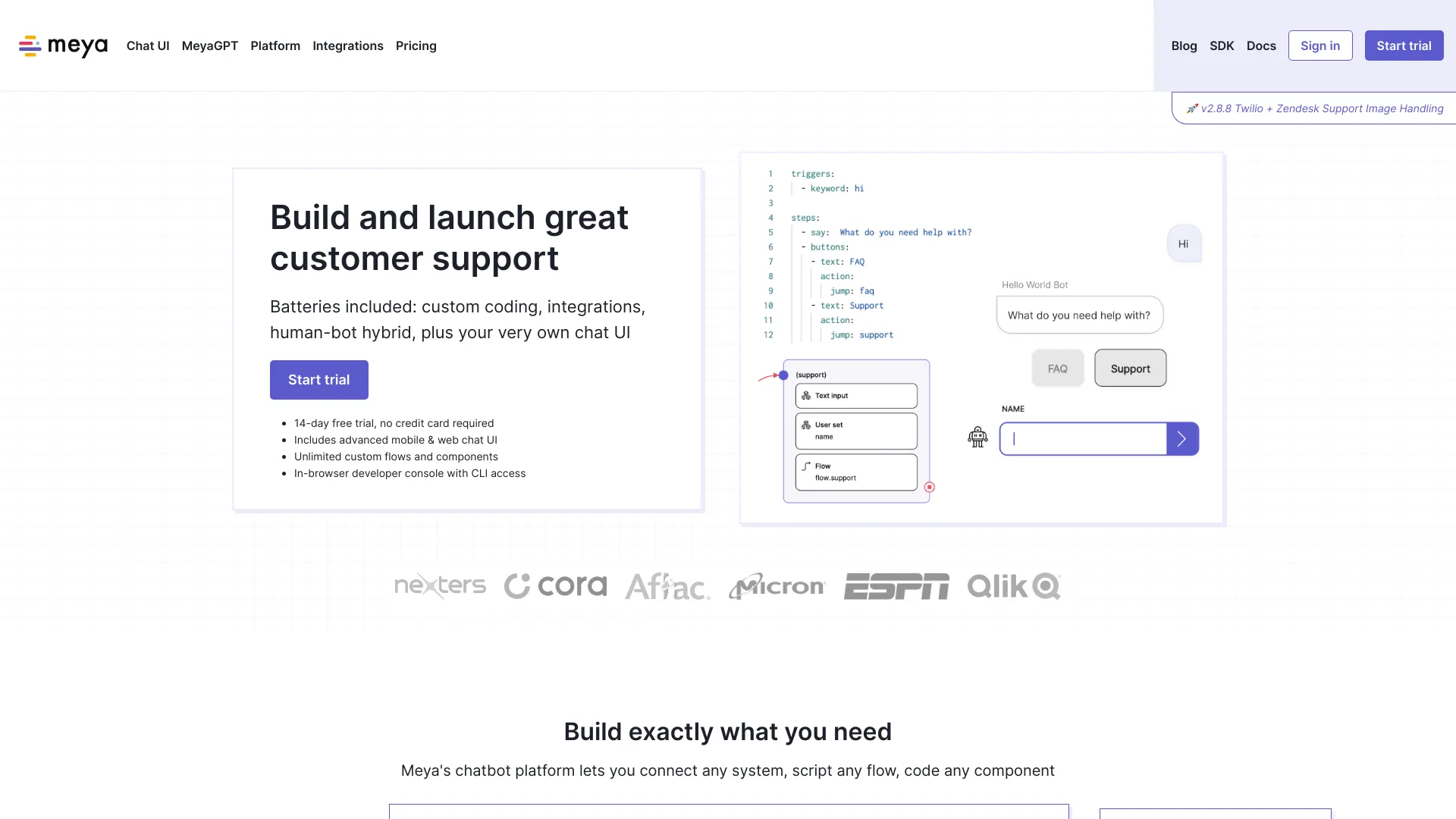 Screenshot of Meya AI platform displaying custom chatbot development features