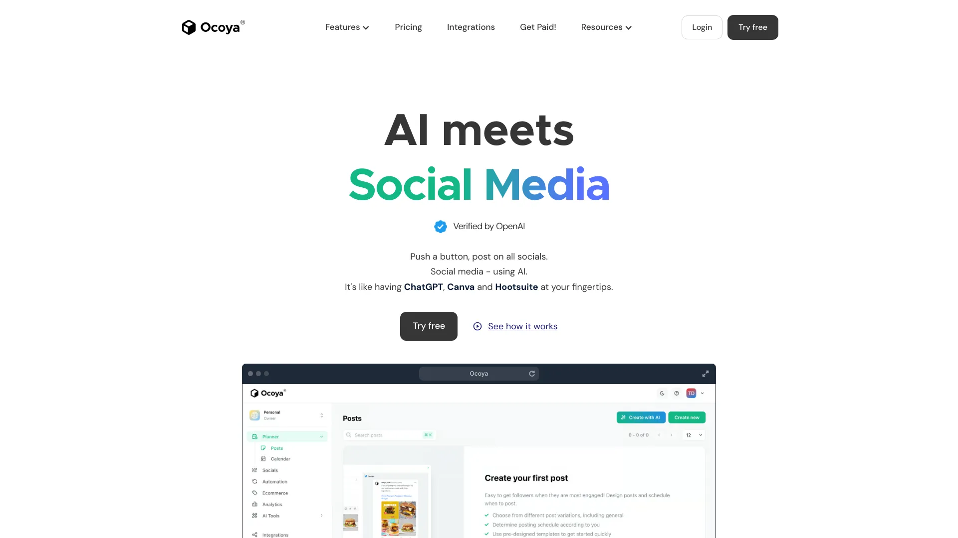 Screenshot of Ocoya's multilingual social media management platform displaying the AI content creation tools and scheduling calendar