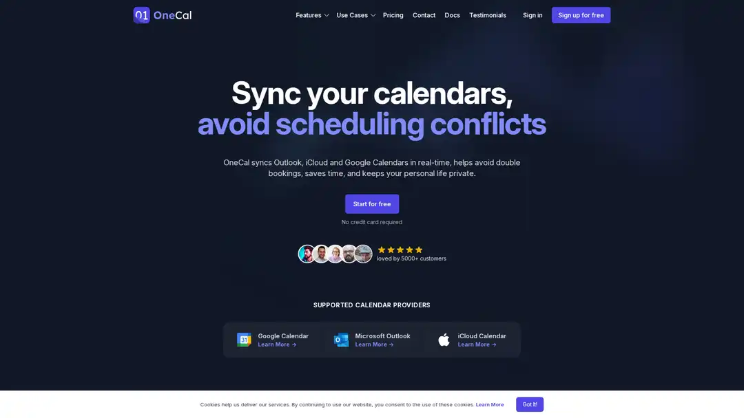 Screenshot of OneCal platform showing AI calendar integration and scheduling features