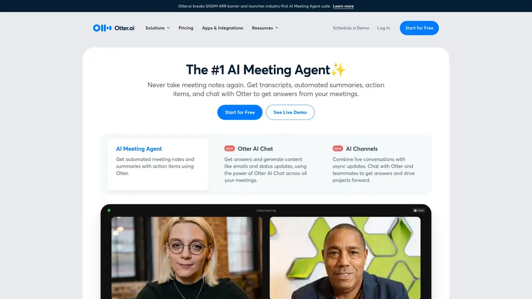 Screenshot of Otter AI platform displaying real-time transcription and meeting assistant features