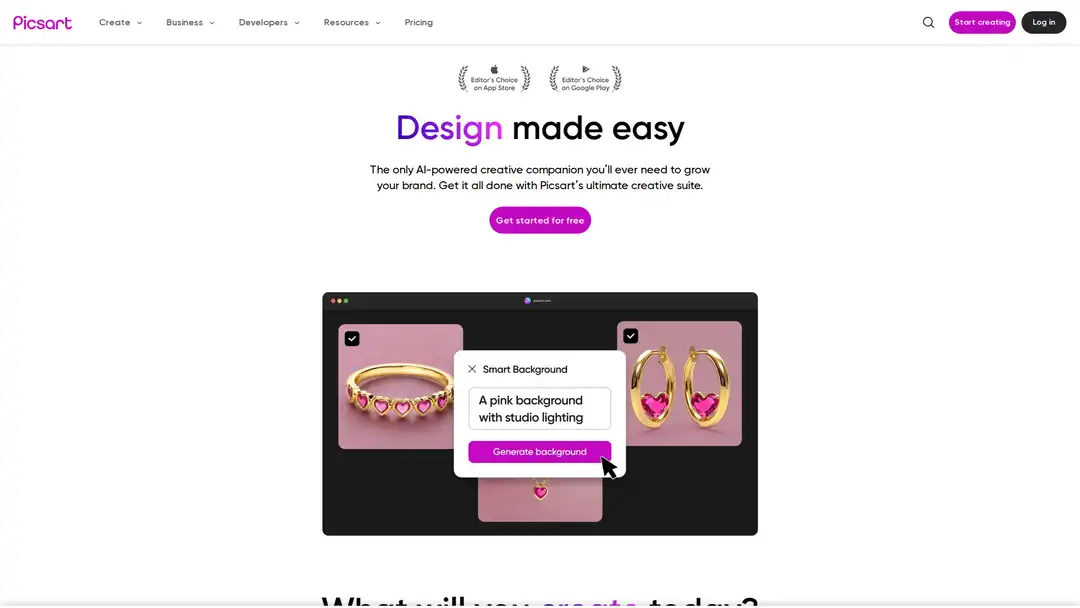 Screenshot of Picsart platform showing AI editing tools and templates for marketing visuals