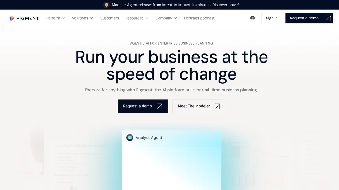 Screenshot of Pigment platform showing AI agents and enterprise planning dashboard