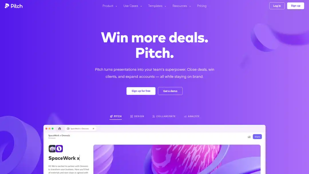 Screenshot of Pitch.com platform showing modern slide variety and brand color personalization