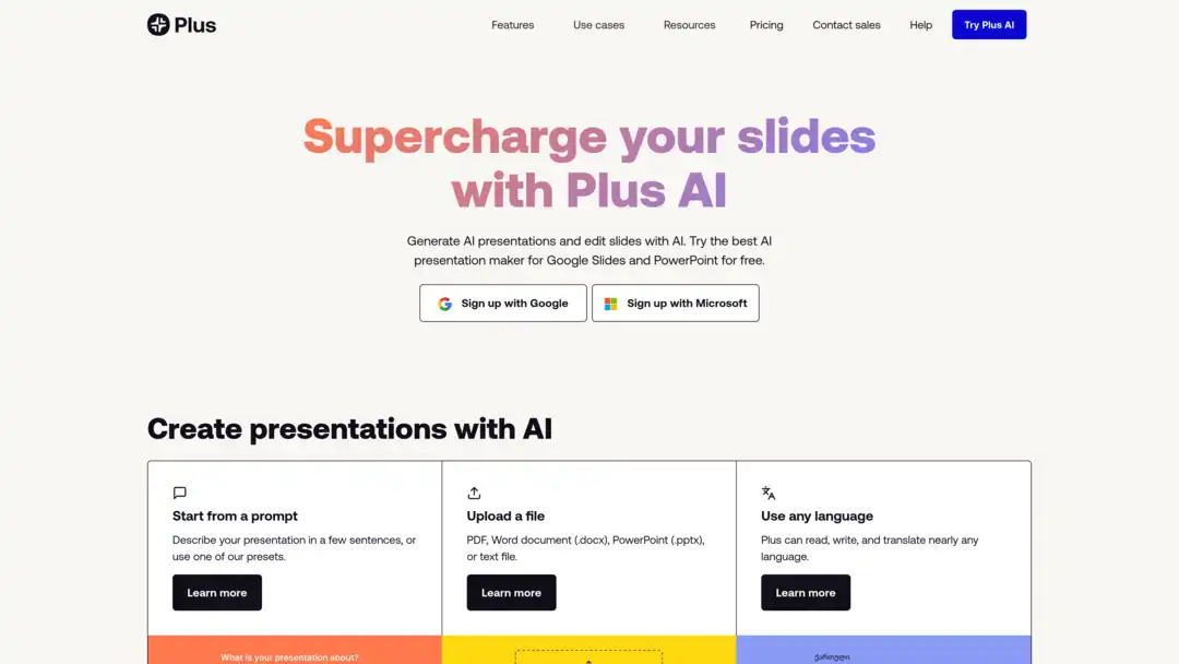 Screenshot of Plus AI platform showing AI-powered slide editing and professional designs