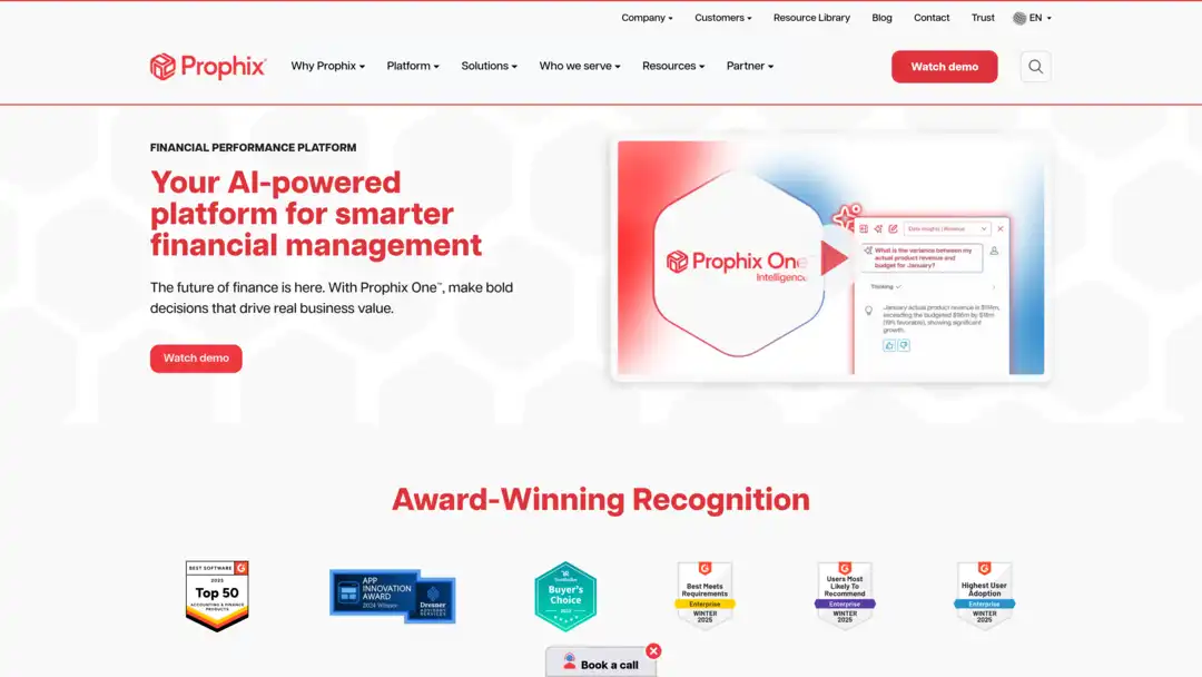 Screenshot of Prophix platform showing AI-driven forecasting and planning tools
