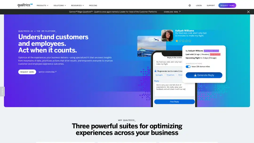 Screenshot of Qualtrics platform displaying AI-driven sentiment analysis and automatic segmentation