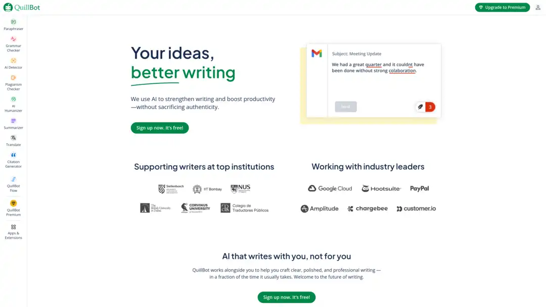 Screenshot of QuillBot platform showing paraphrasing and grammar checking features