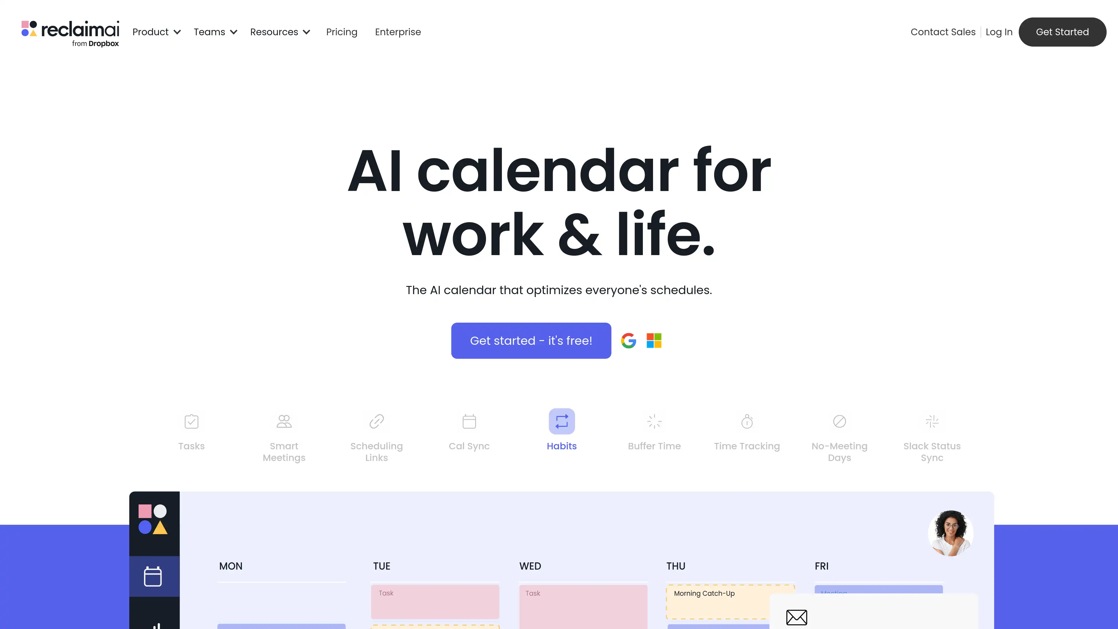Screenshot of Reclaim AI productivity tool showing the calendar interface with time blocking features